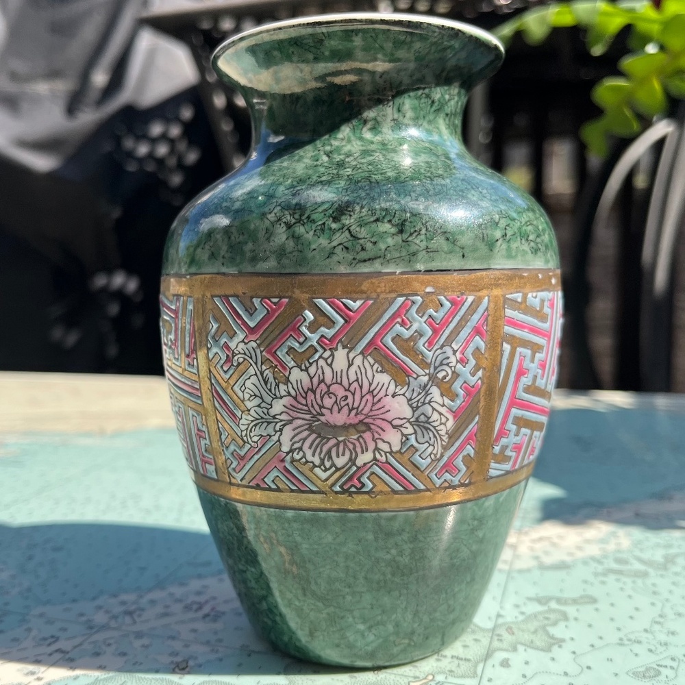 Vintage Floral Green Cloisonné Ceramic Vase